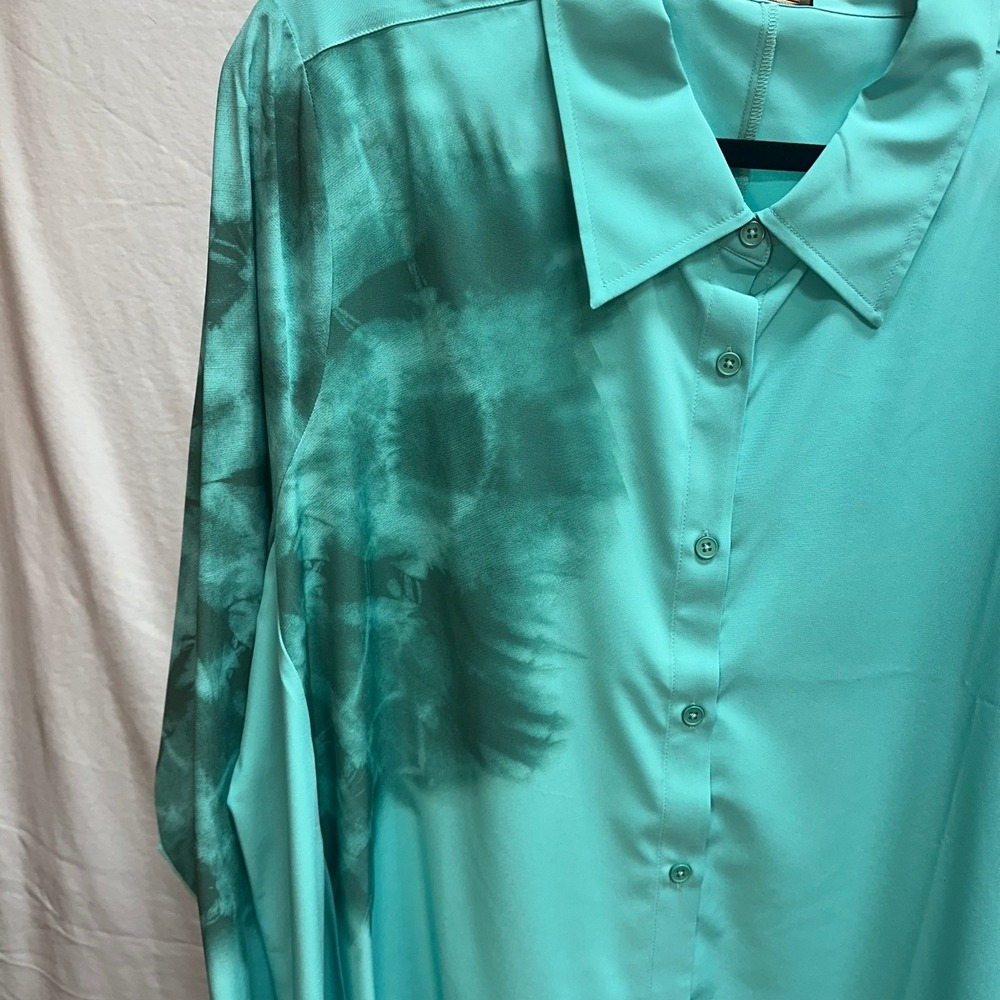 Denise‎ Karaman Teal Green Button Down Shirt Hi-Low Hem Tie Dye Blouse QVC - Picture 3 of 12